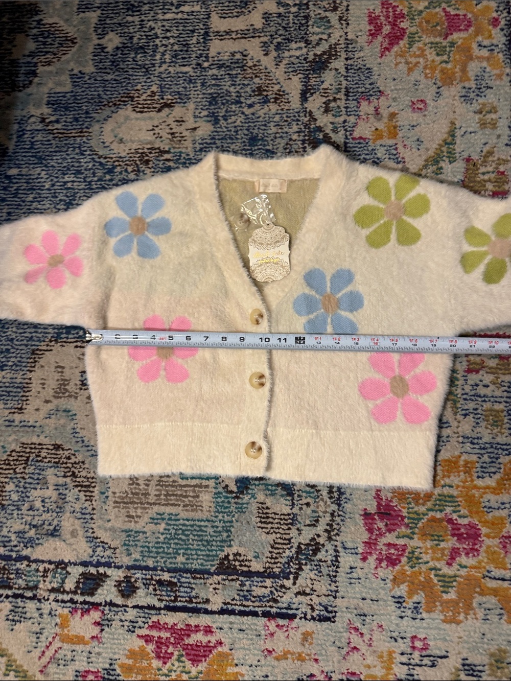 Altar'd State Cream Fuzzy Floral Button Cardigan - Picture 4 of 7